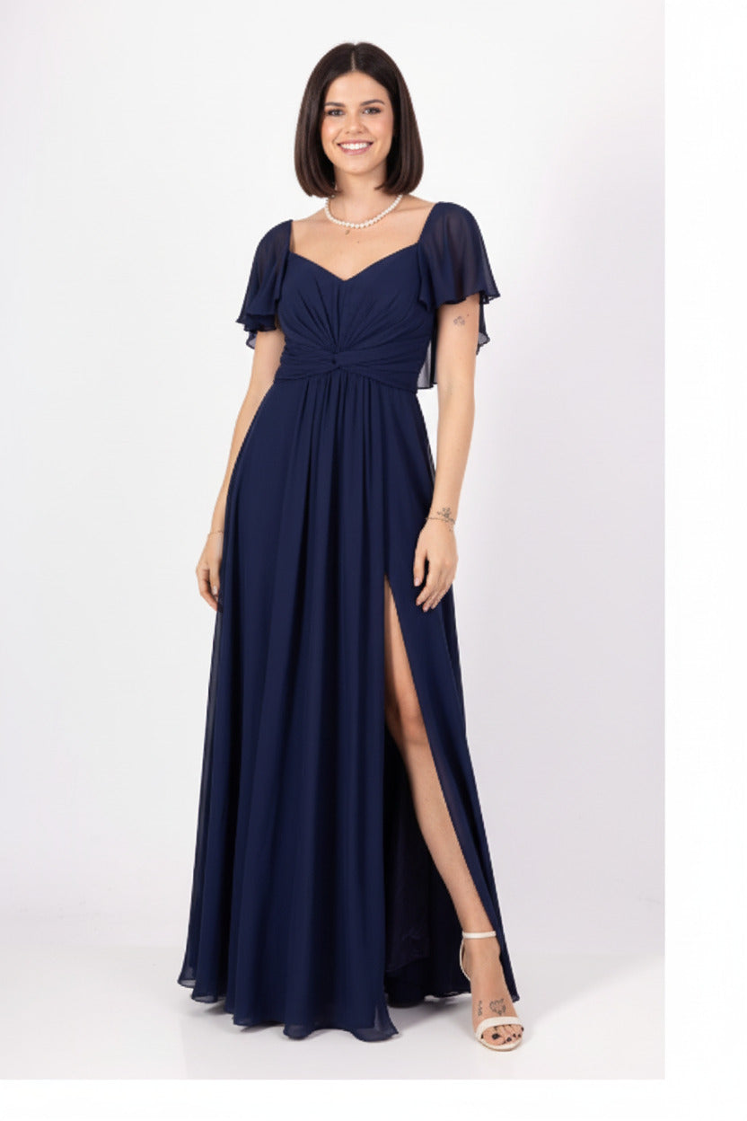 Vestido Largo de Fiesta Denver - Escote Corazón con Manga de Volante Azul marino U(36 38 40 42) banda elástica oculta en la espalda