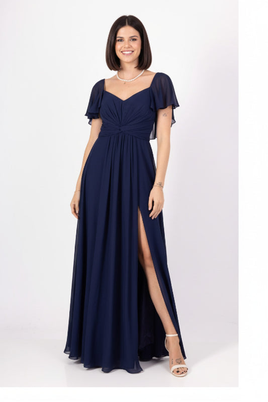 Vestido Largo de Fiesta Denver - Escote Corazón con Manga de Volante Azul marino U(36 38 40 42) banda elástica oculta en la espalda