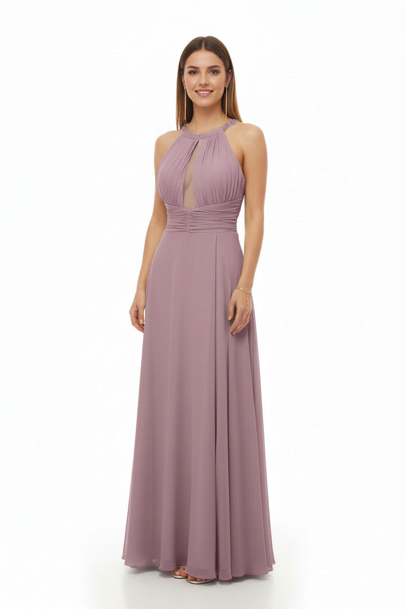 vestido de fiesta largo con escote halter y pedreria rosa viejo