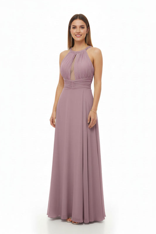 vestido de fiesta largo con escote halter y pedreria rosa viejo