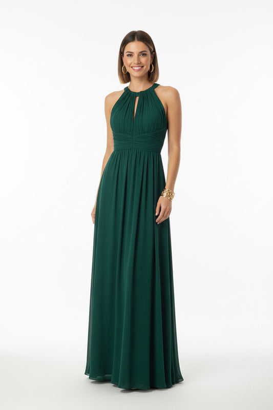 vestido de fiesta largo escote halter y espalda abierta color verde botella