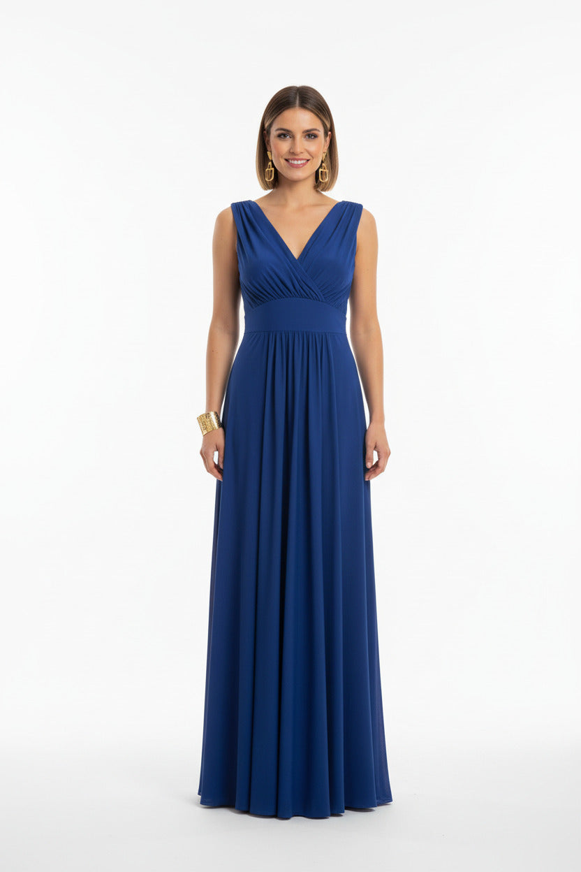 vestido de fiesta largo para eventos escote pico color azul