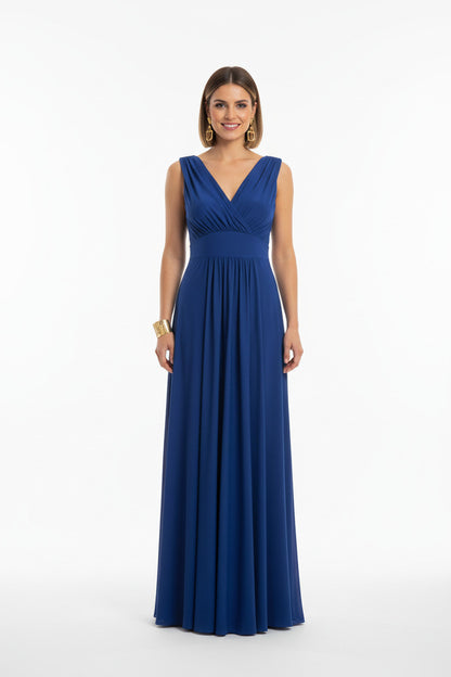 vestido de fiesta largo para eventos escote pico color azul