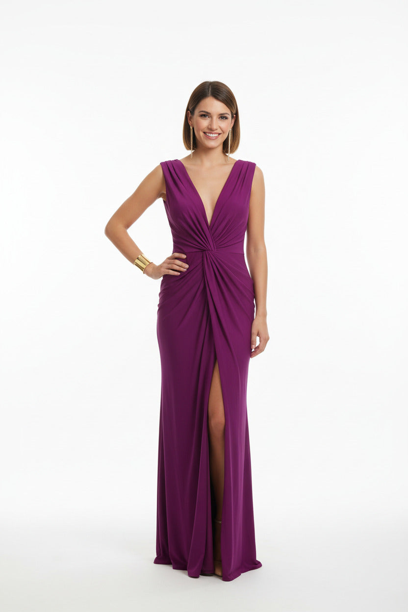 Vestido de Fiesta Largo Udaipur-Escote Pico y Abertura en la Falda