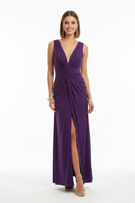 vestido de fiesta largo escote pico nudo morado