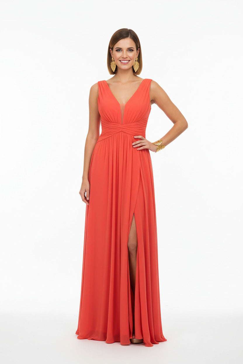 vestido fiesta escote pico naranja