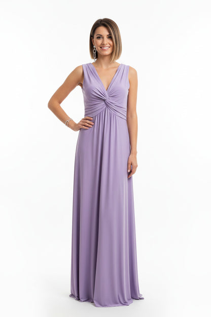 vestido de fiesta largo escote pico con nudo lila