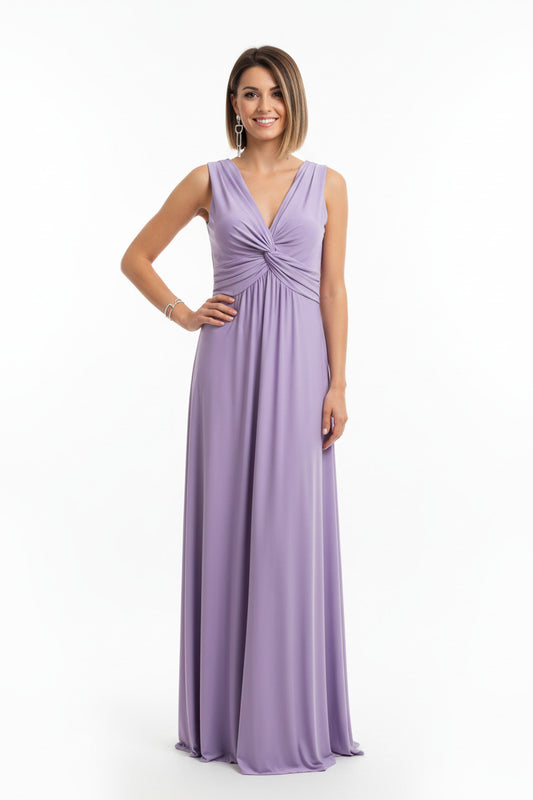 vestido de fiesta largo escote pico con nudo lila