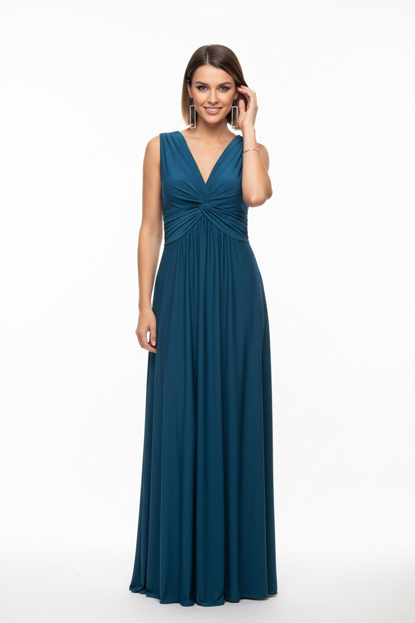 vestido de fiesta largo escote pico con nudo verde azulado