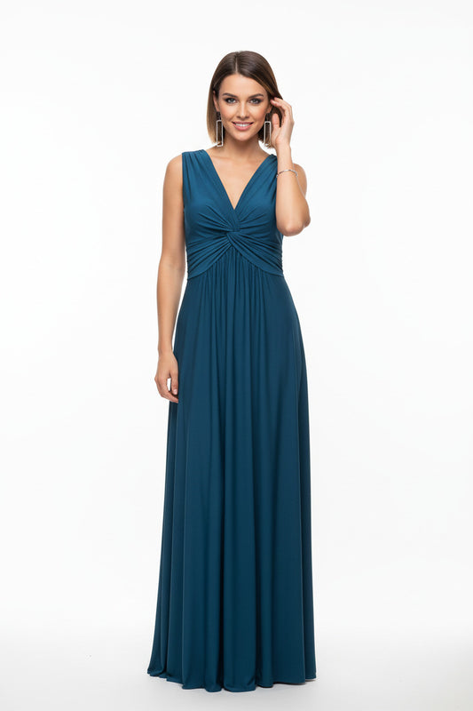 vestido de fiesta largo escote pico con nudo verde azulado