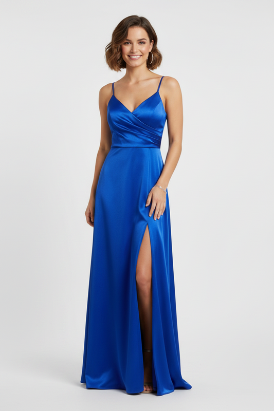vestido de fiesta largo azul espalda corsé