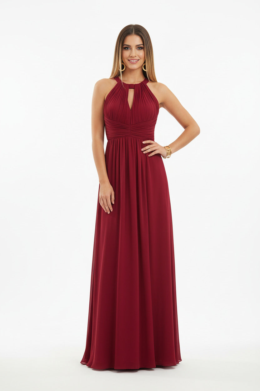 vestido de fiesta largo escote halter y espalda abierta color ciruela