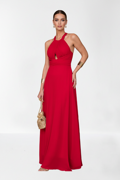 Vestido de Fiesta Largo Clovely - Escote Halter y Espalda Descubierta Rojo L(40) 100% poliester