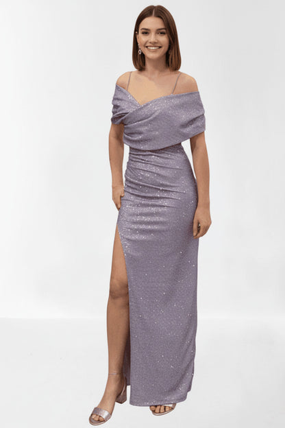 Vestido largo de fiesta con purpurina Pune Lila S (36)