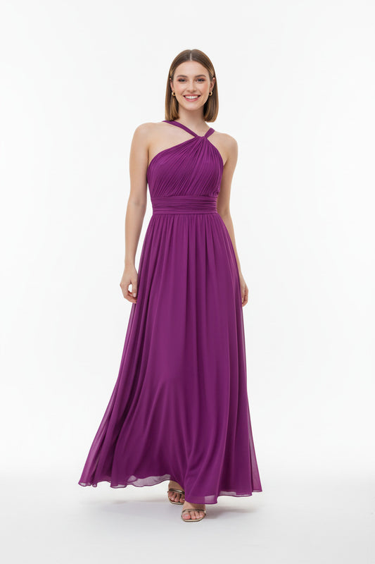 vestido de fiesta largo escote asimétrico magenta