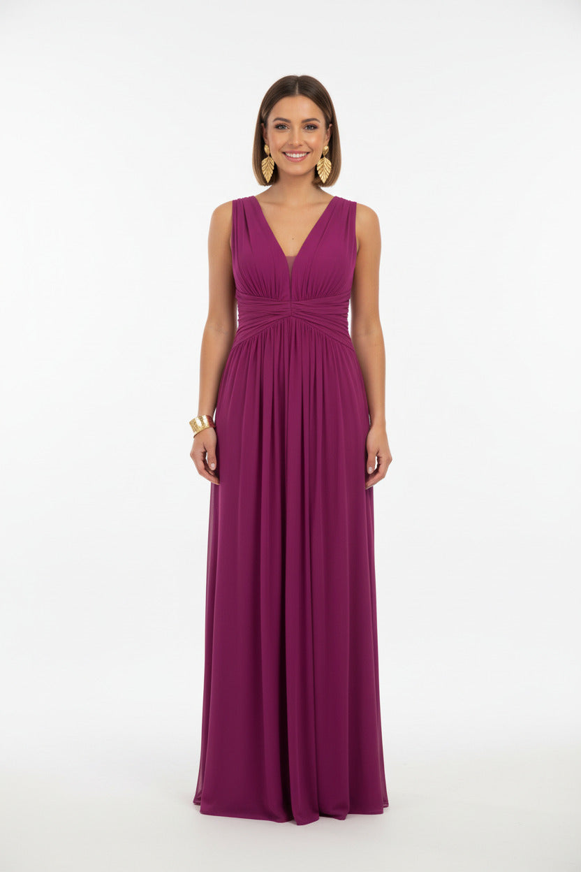 vestido de fiesta largo con escote pico y abertura en la falda magenta