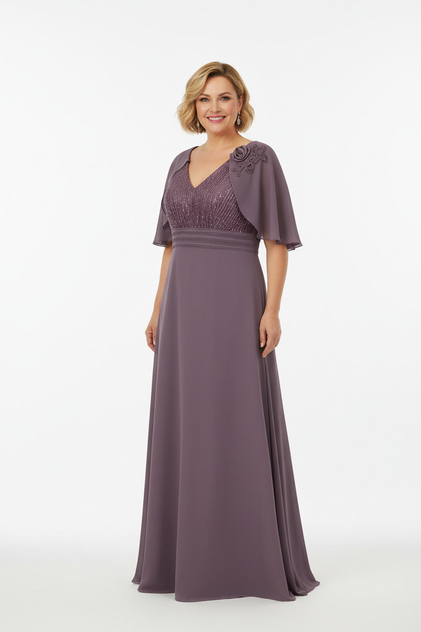 vestido de fiesta largo con capa talla grande y lentejuelas malva