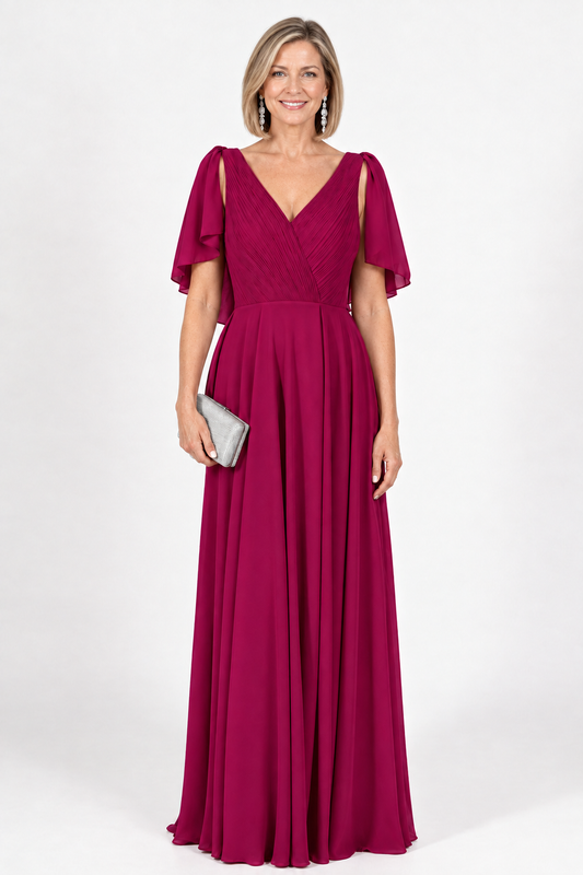 vestido de fiesta largo con manga volante magenta