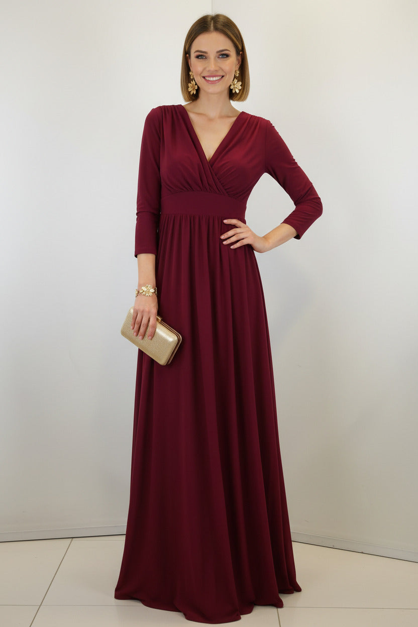 vestido de fiesta largo con manga tres quartos burdeos