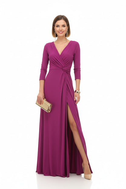 vestido de fiesta largo de licra con manga francesa magenta