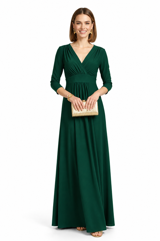 vestido fiesta largo manga francesa verde oscuro
