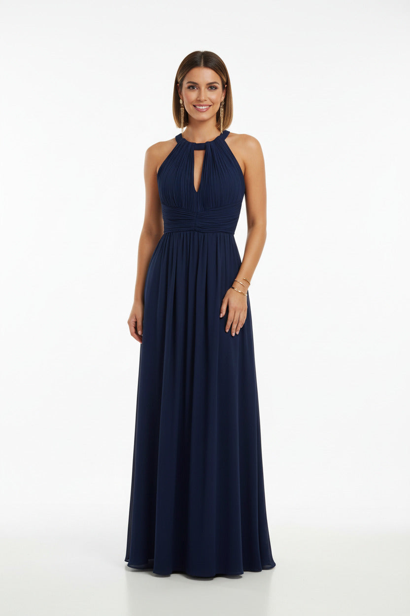 vestido de fiesta largo escote halter y espalda abierta color marino