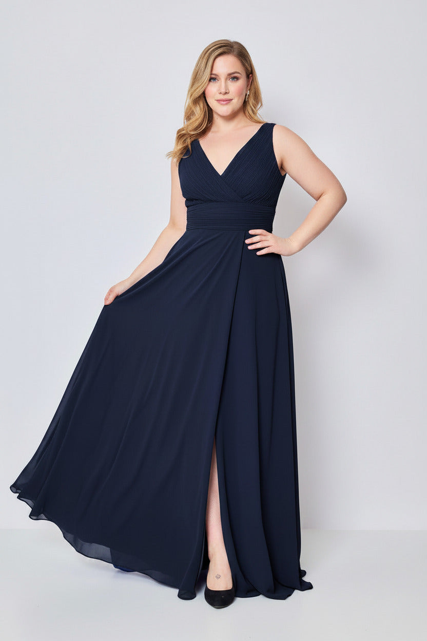 Vestido de Fiesta Largo Jaipur-Talla Grande con Escote pico y Abertura en la Falda marino