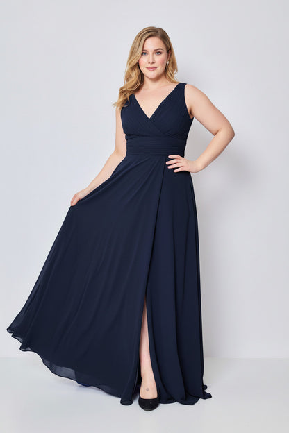 Vestido de Fiesta Largo Jaipur-Talla Grande con Escote pico y Abertura en la Falda marino