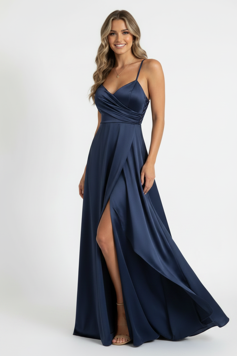 vestido de fiesta largo azul marino espalda corsé