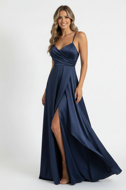 vestido de fiesta largo azul marino espalda corsé