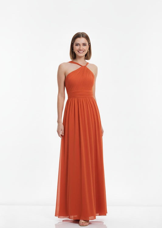 vestido de fiesta largo escote asimétrico naranja