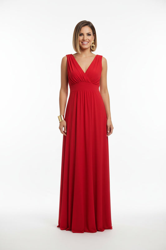 vestido de fiesta largo para eventos escote pico color rojo