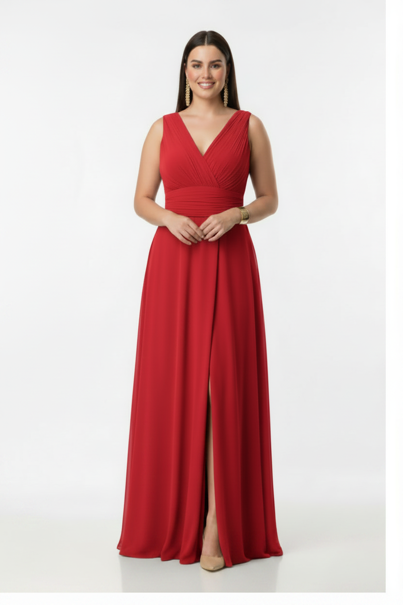 Vestido de Fiesta Largo Jaipur-Talla Grande con Escote pico y Abertura en la Falda