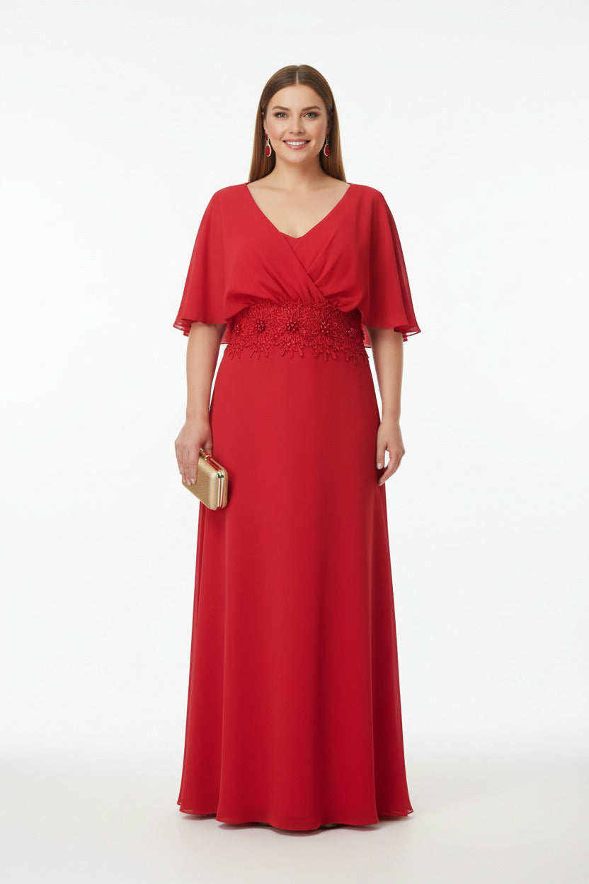 escote Vestido de Fiesta invitada boda largo Talla Grande Encaje en la Cintura rojo