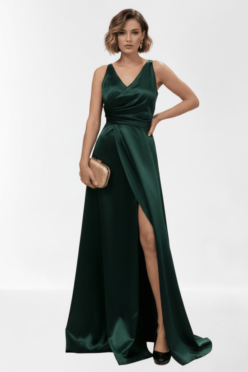 Vestido de Fiesta Largo Perugia - Satén Escote Pico y Espalda Entrecruzada Verde oscuro 44