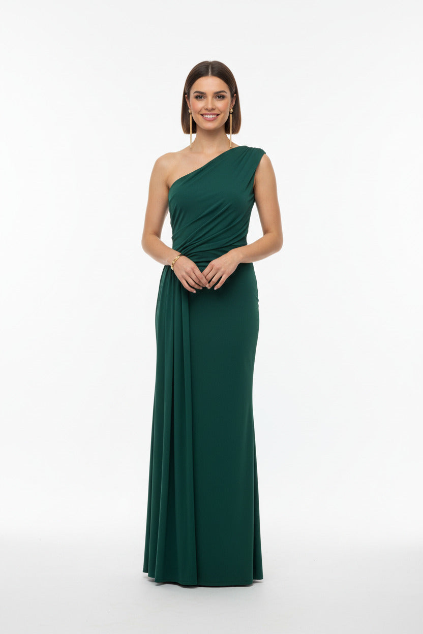 vestido de fiesta corte sirena con escote asimétrico color verde oscuro