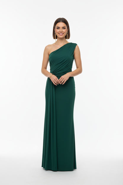 vestido de fiesta corte sirena con escote asimétrico color verde oscuro