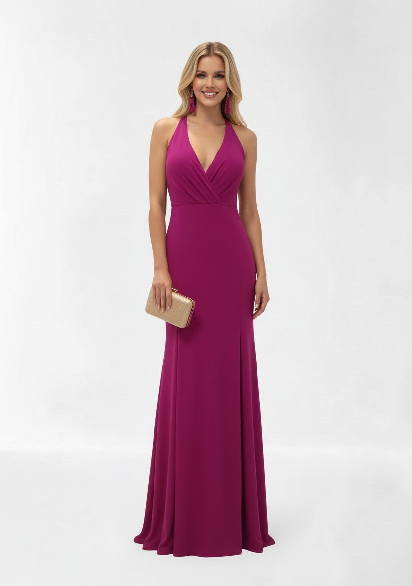 Vestido de Fiesta Largo Monterey - Corte Sirena con Escote Pico y Espalda Cruzada para invitada magenta
