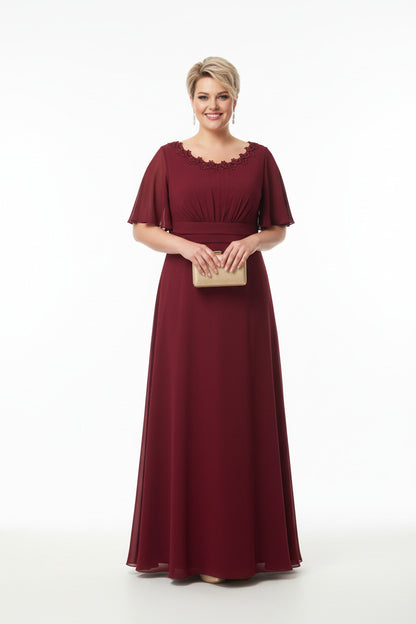 Vestido de fiesta largo color burdeos para talla grande con encaje en el escote, elegante y favorecedor
