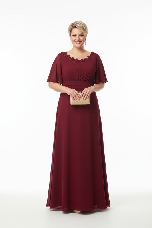 Vestido de fiesta largo color burdeos para talla grande con encaje en el escote, elegante y favorecedor
