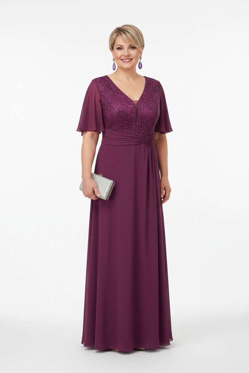 vestido de fiesta largo talla grande burganvilla con detalles de encaje y brillos