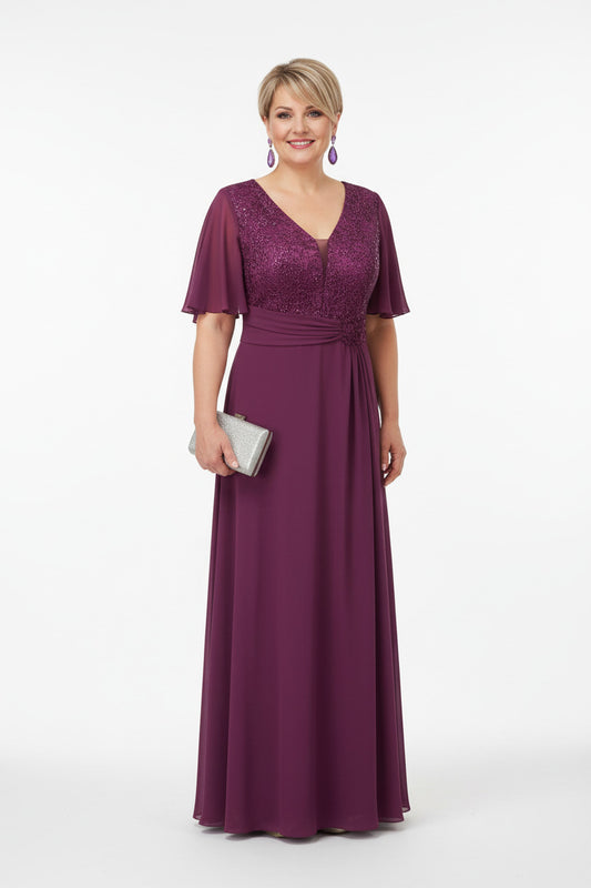 vestido de fiesta largo talla grande burganvilla con detalles de encaje y brillos