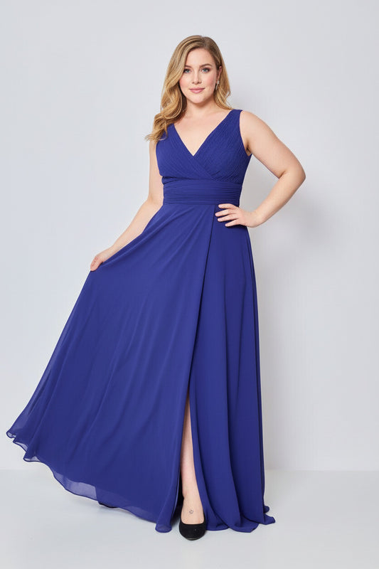 Vestido de Fiesta Largo Jaipur-Talla Grande con Escote pico y Abertura en la Falda Azul