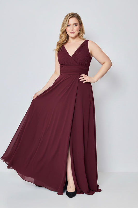 Vestido de Fiesta Largo Jaipur-Talla Grande con Escote pico y Abertura en la Falda Burdeos