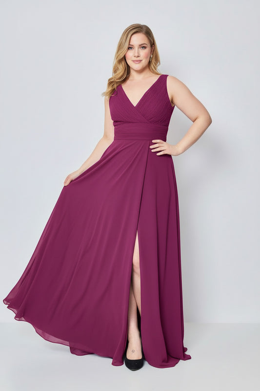 Vestido de Fiesta Largo Jaipur-Talla Grande con Escote pico y Abertura en la Falda Magenta
