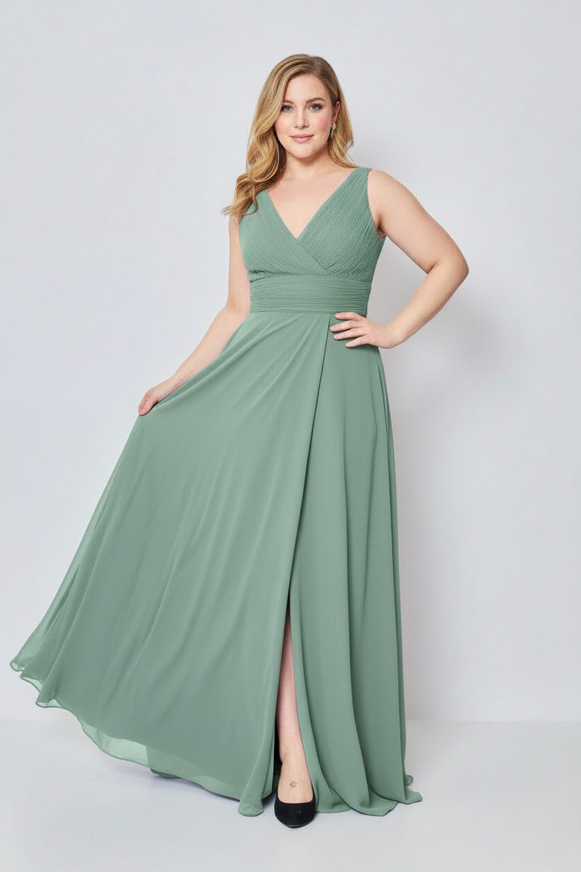 Vestido de Fiesta Largo Jaipur-Talla Grande con Escote pico y Abertura en la Falda Verde claro