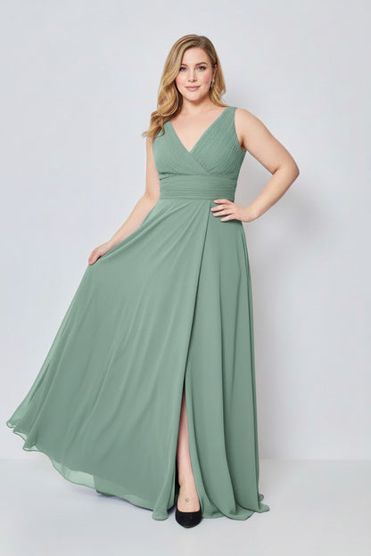 Vestido de Fiesta Largo Jaipur-Talla Grande con Escote pico y Abertura en la Falda Verde claro