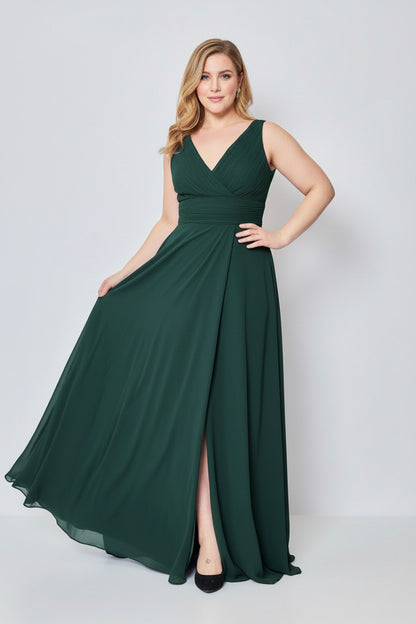 Vestido de Fiesta Largo Jaipur-Talla Grande con Escote pico y Abertura en la Falda Verde oscuro