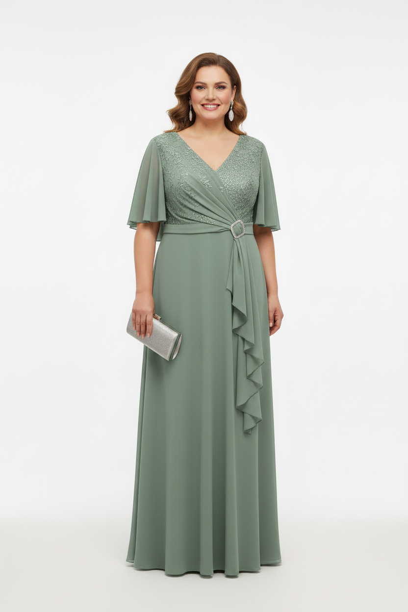 Vestido de Fiesta Largo Guadix-Talla Grande con Manga, Encaje y Brillos