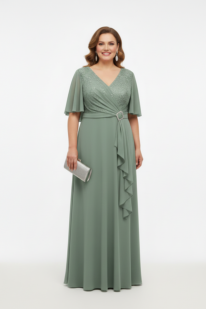 Vestido de Fiesta Largo Guadix-Talla Grande con Manga, Encaje y Brillos